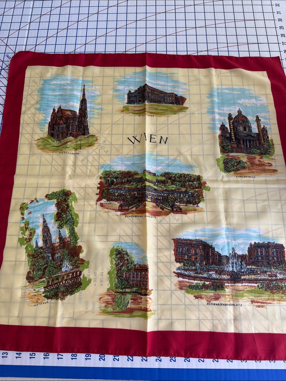Vintage 1970s Vienna Austria Souvenir Scarf Wien Landmarks 25” Polyester